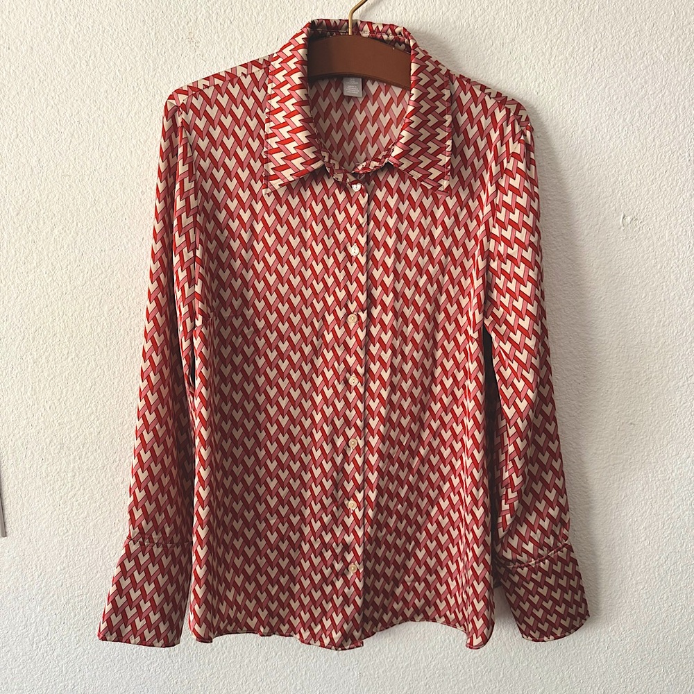 H&M long sleeve pink and red geometric printed blouse size large